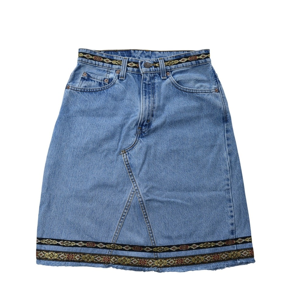 Vintage Levis 555 Denim Skirt Light Wash Embroidered Ribbon Trim Made in USA 25